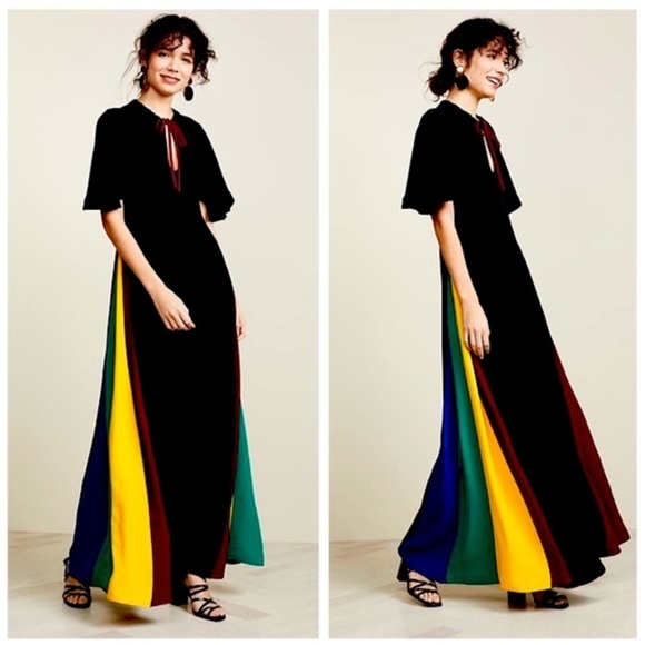NWT Staud Victorian Vintage Black Rainbow Detail Maxi Dress Size 0